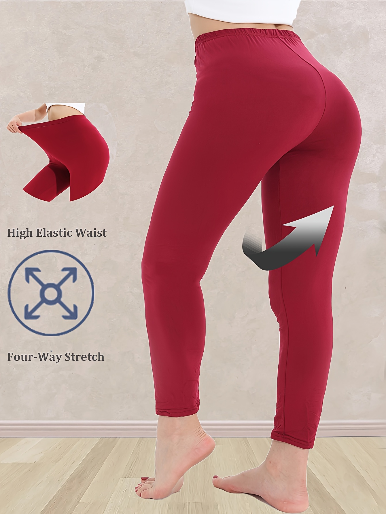 Plus Size, Plus Size Women's High-Waisted Leggings - 4-Way Stretch Elastic Waistband, Solid Black 7/8 Length Pants for, Casual & All-Season Wear - Machine Washable Apparel, Leggings, Versatile Clothing, Highelastic Waistband