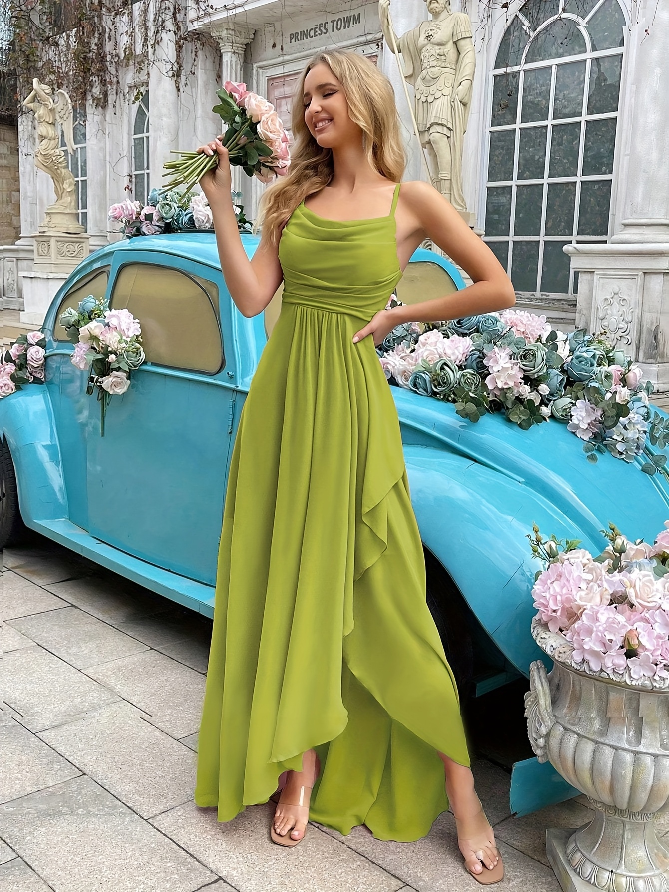 Elegant Olive Green Bridesmaid Dress with Adjustable Spaghetti Straps,  Backless Waist, Asymmetrical Hem, and Built-In Bra Pad We