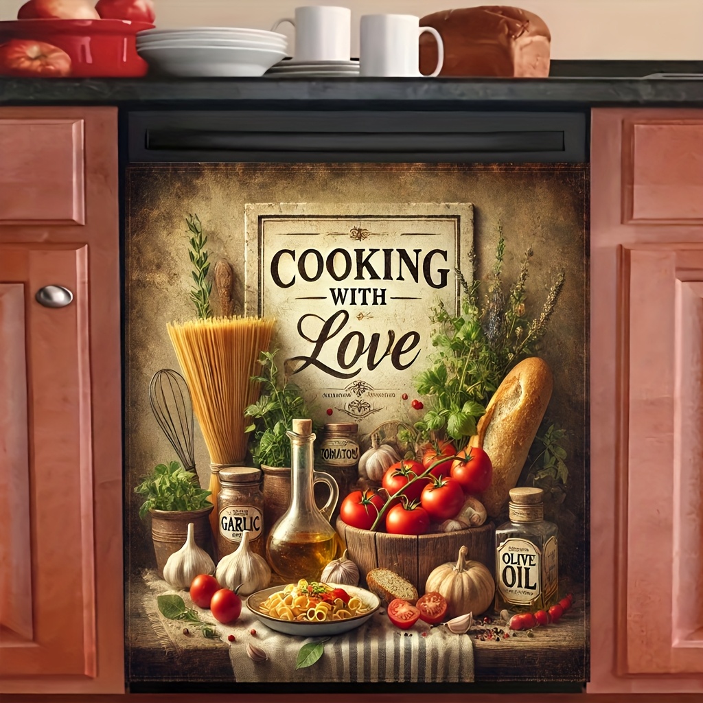 TEMU 1pc 2d Magnetic Dishwasher Door Cover Sticker, Cozy Kitchen Pattern, Easy To Clean, Reusable, Scratch-resistant Cover, Suitable For Dishwasher,