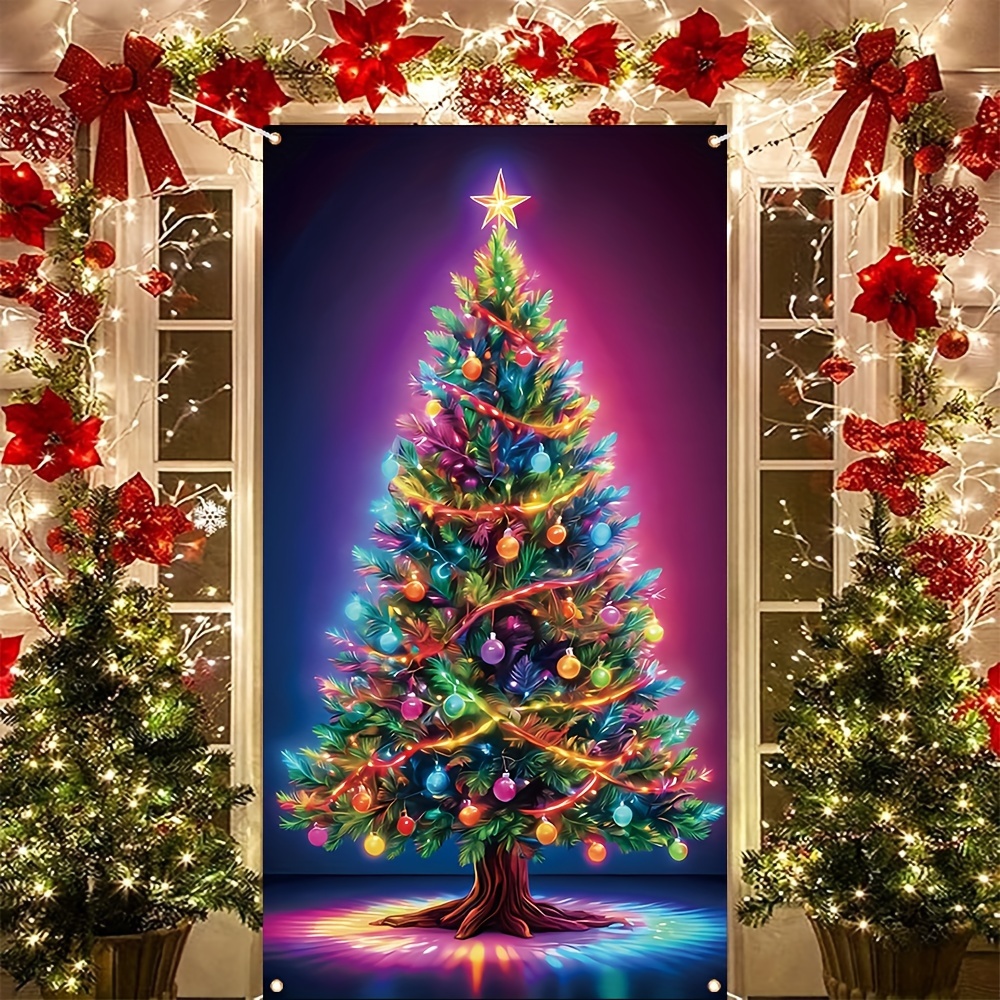 

1pc, Merry Christmas Door Cover Banner (35 X 70 Inches), Polyester Material, Christmas Tree Hanging Decoration Pattern Christmas Porch Sign, Winter Farmhouse Front Door Hanging Banner, Home Wall Decor