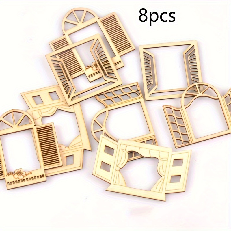 8pcs Mini Wooden Window Shapes For Diy Crafts, Fairy Garden Decor, Miniature Scenery Ornaments - Mixed Styles For Painting And Decorating