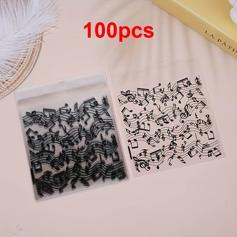 TEMU 100pcs Note Pattern Gift Bags, Transparent Bags With Black Jumping Note Designs, Suitable For Music Parties, Celebrations, Birthdays, Holidays,