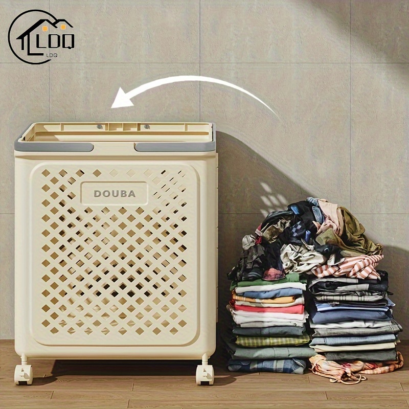 

Plastic Foldable Laundry Hamper With Wheels, Multi-functional Rolling , Space- Storage Organizer For Bedroom, Bathroom, Office - 1pc