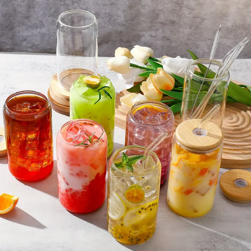 12 16pcs glass cup 16oz with bamboo lid and glass water cup suitable for ice cups juice milk with 2 straws cleaning brushes Product details 0