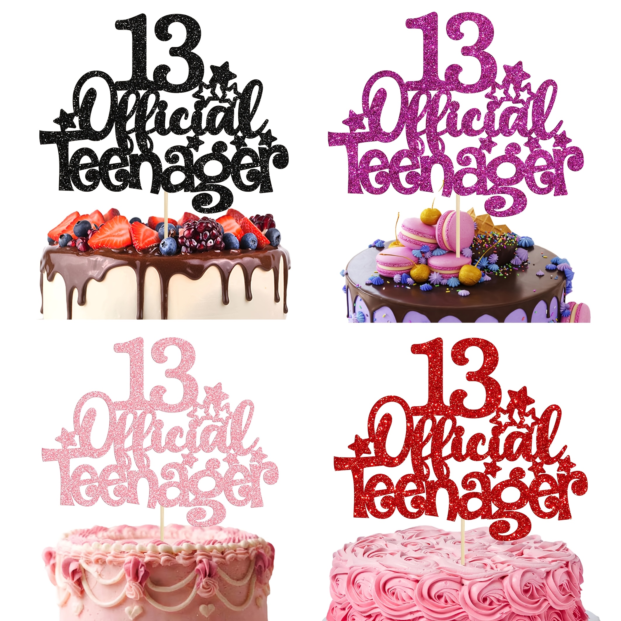 Image of 4pcs Official Youth Cake Topper, Sparkling Happy Birthday Cake, As Decorative Items For Teenage Birthday Parties, In Black, Purple, And Red Colors.