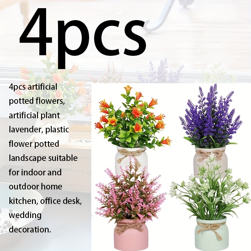 Image of 4pcs Artificial Potted Flowers, Artificial Plant Lavender, Plastic Flower Potted Landscape Suitable For Indoor And Outdoor Home Kitchen, Office Desk, Wedding Decoration