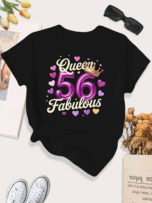 plus size womens oversized queen 56 t shirt large size milestone gift with number 56 print crowns hearts crew neck short sleeve casual top suitable for parties daily wear milestone celebration outfits