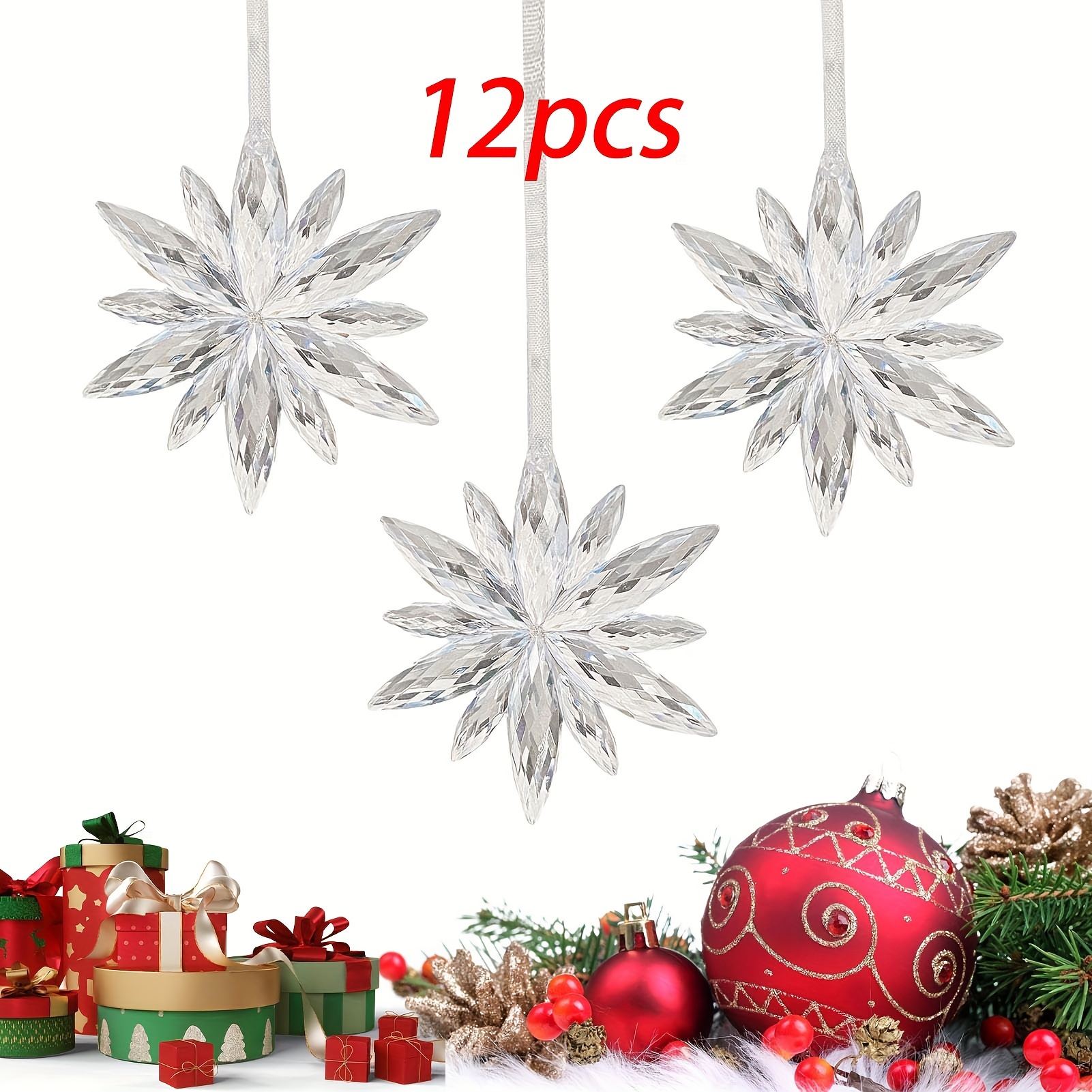 Image of 12/15pcs White Snowflake Christmas Ornaments, Transparent Christmas Tree Decorations, Snowflake String For Diy Christmas Decor, Home Decor