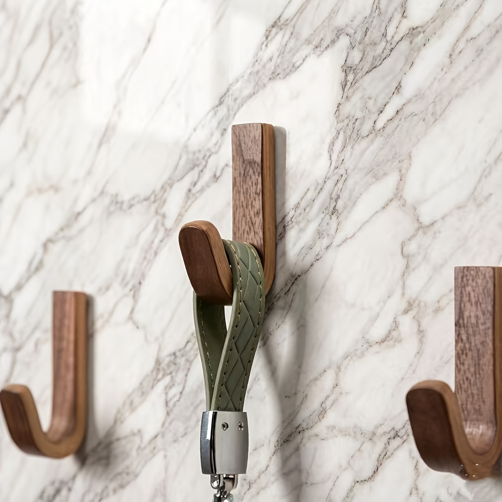 ITECHJOY Wood No-Drill Adhesive Wall Hooks Suitable for Bathrooms - Minimalist Black Walnut Hooks with Adhesive Backing, -Free Installation for Coats, Towels, Robes, Nordic Style for Home Decor, Bath & Entryway Organization
