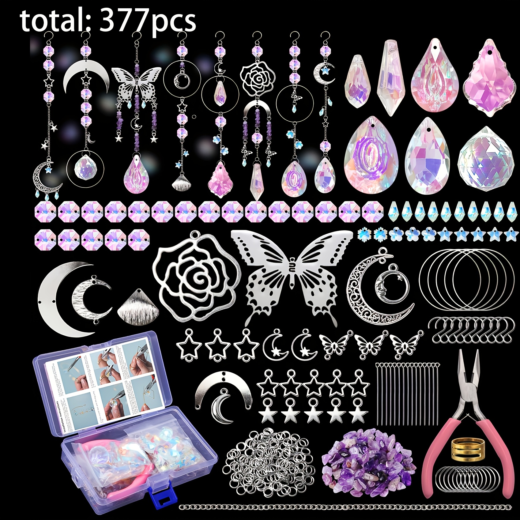 377pcs Rainbow Making Craft Kit, Charms Link, Light Catcher Beads, Making Tools, For Decoration (silvery) Gifts For Christmas
