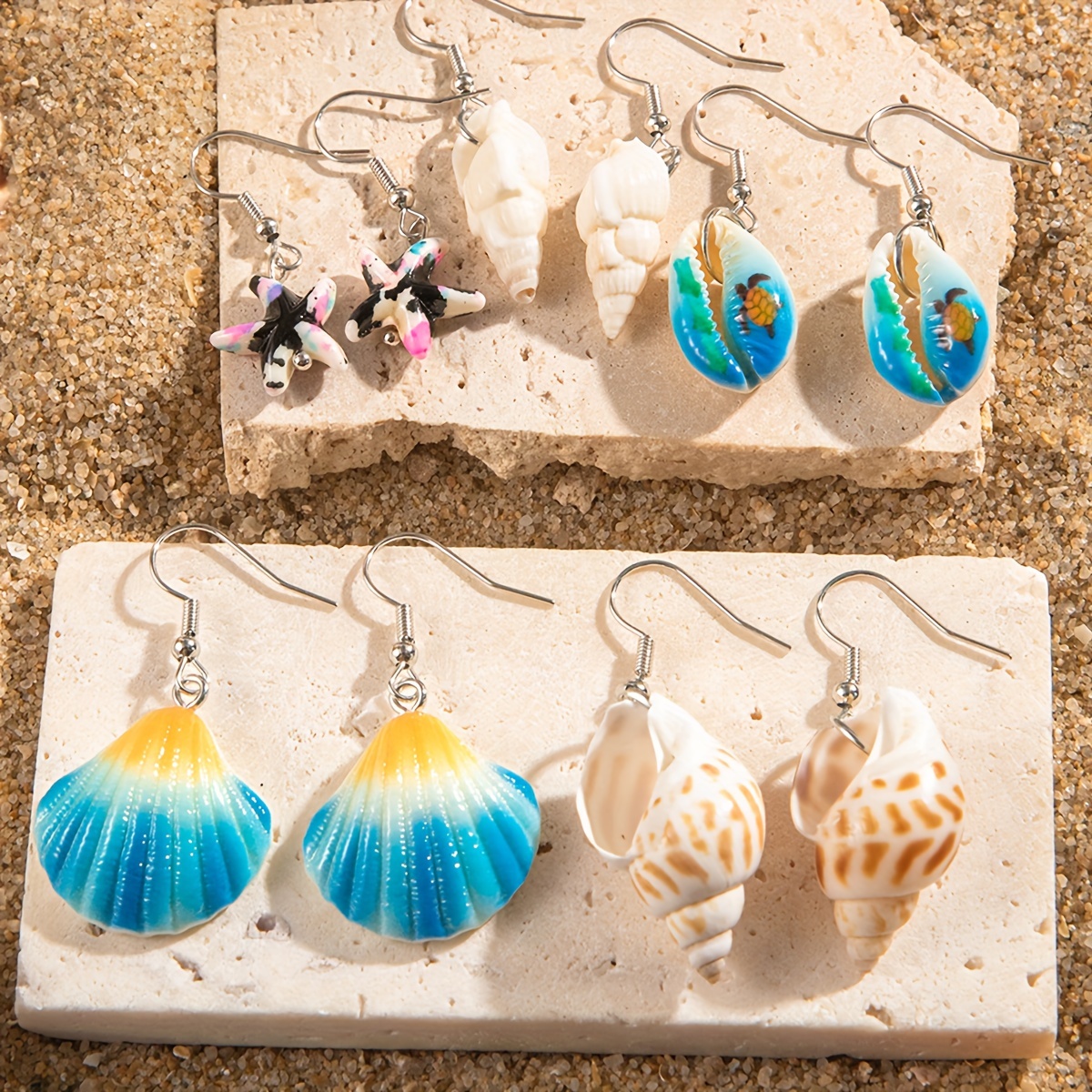 E-shop 5er-Set modische Ohrringe im Strandstil mit Seestern- Muschel-Elementen, für Damen, für Strandurlaub, Abschlussball, Partygeschenk