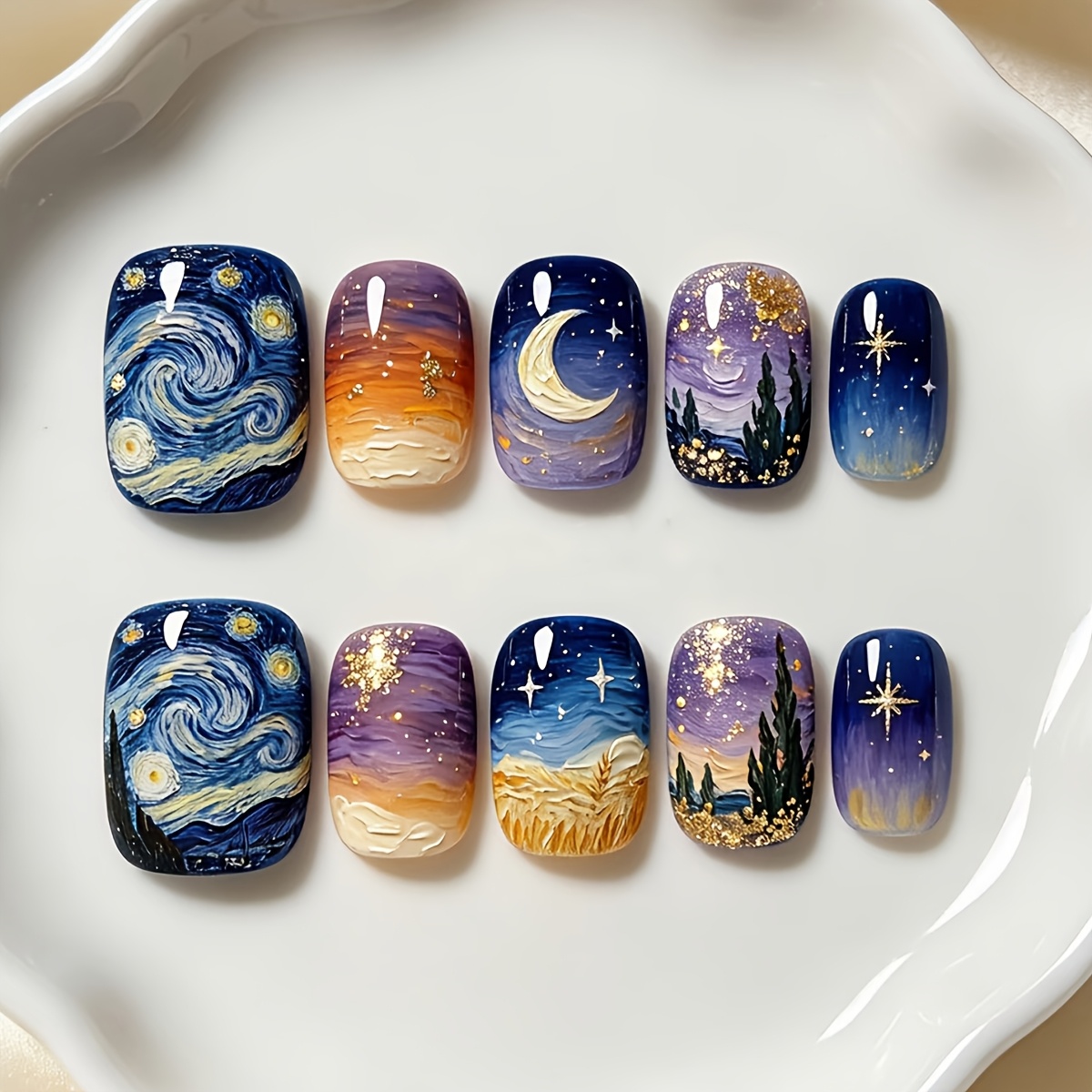 TEMU Starry Night Oil Painting Purple Gradient Starry 3d Relief Nail Art 24pcs Short Oval Detachable Nail Art Suitable For Women And Daily Date