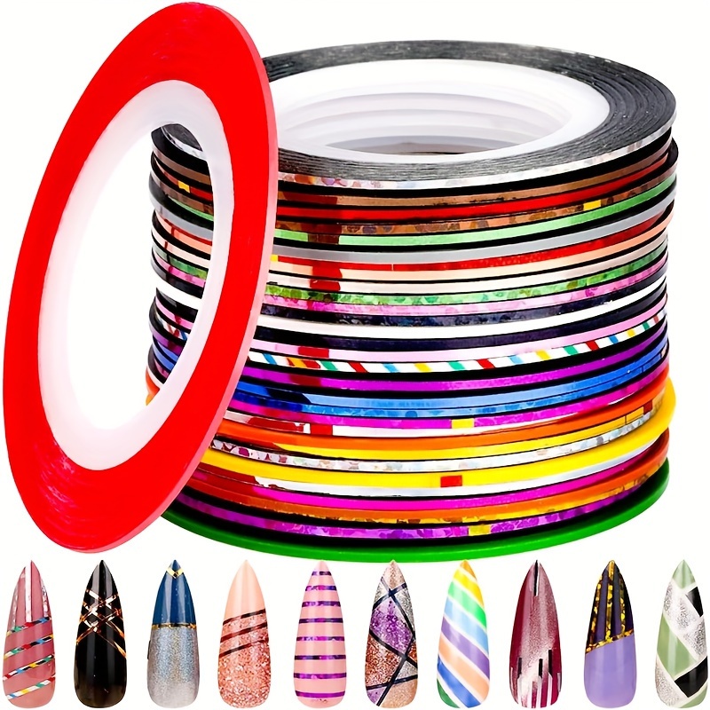 

30-color Nail Art Striping Tape Set, Plastic Self-adhesive Rainbow Stripe Decals With Glitter Finish, Single Use Elongated Shapes For Diy Nail Design, Free Decoration With Shimmery Surface