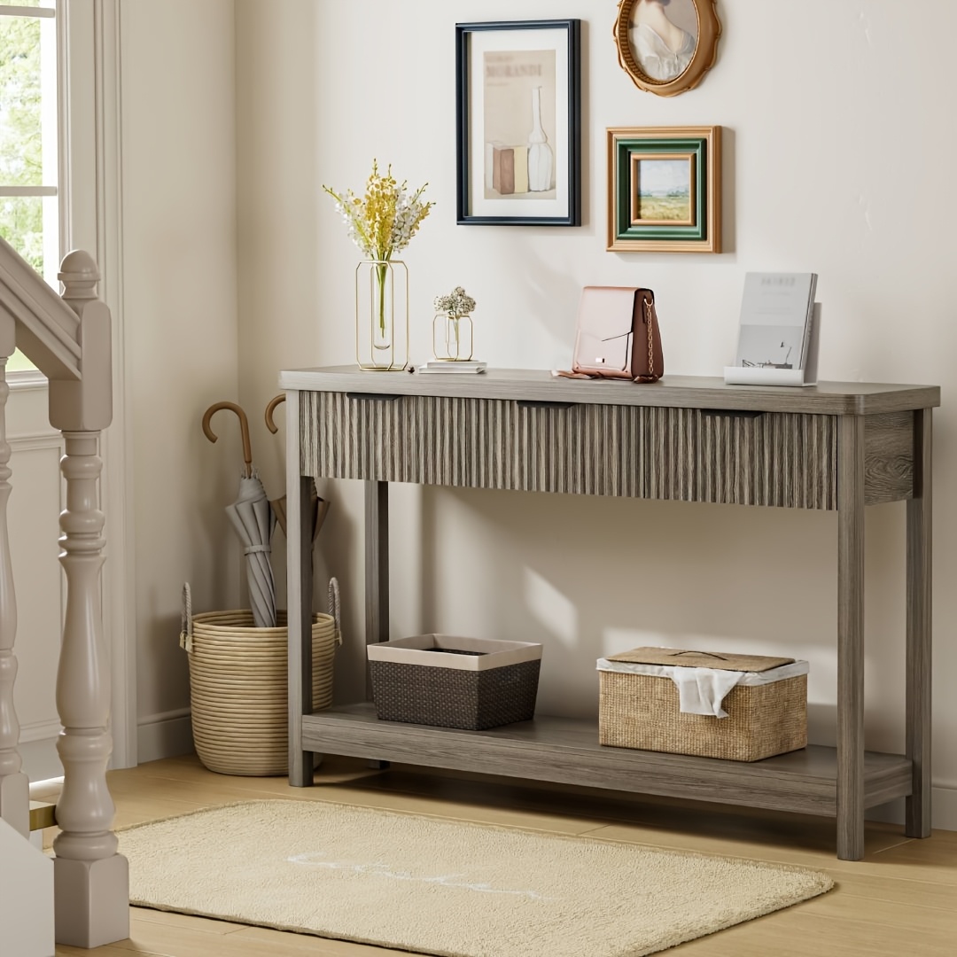 51 IN Fluted Console Table with 3 Drawers, Modern Entryway Table with Metal Handles, Sturdy Solid Wood Design, Hallway Table with Storage, for Living Room And Hallway