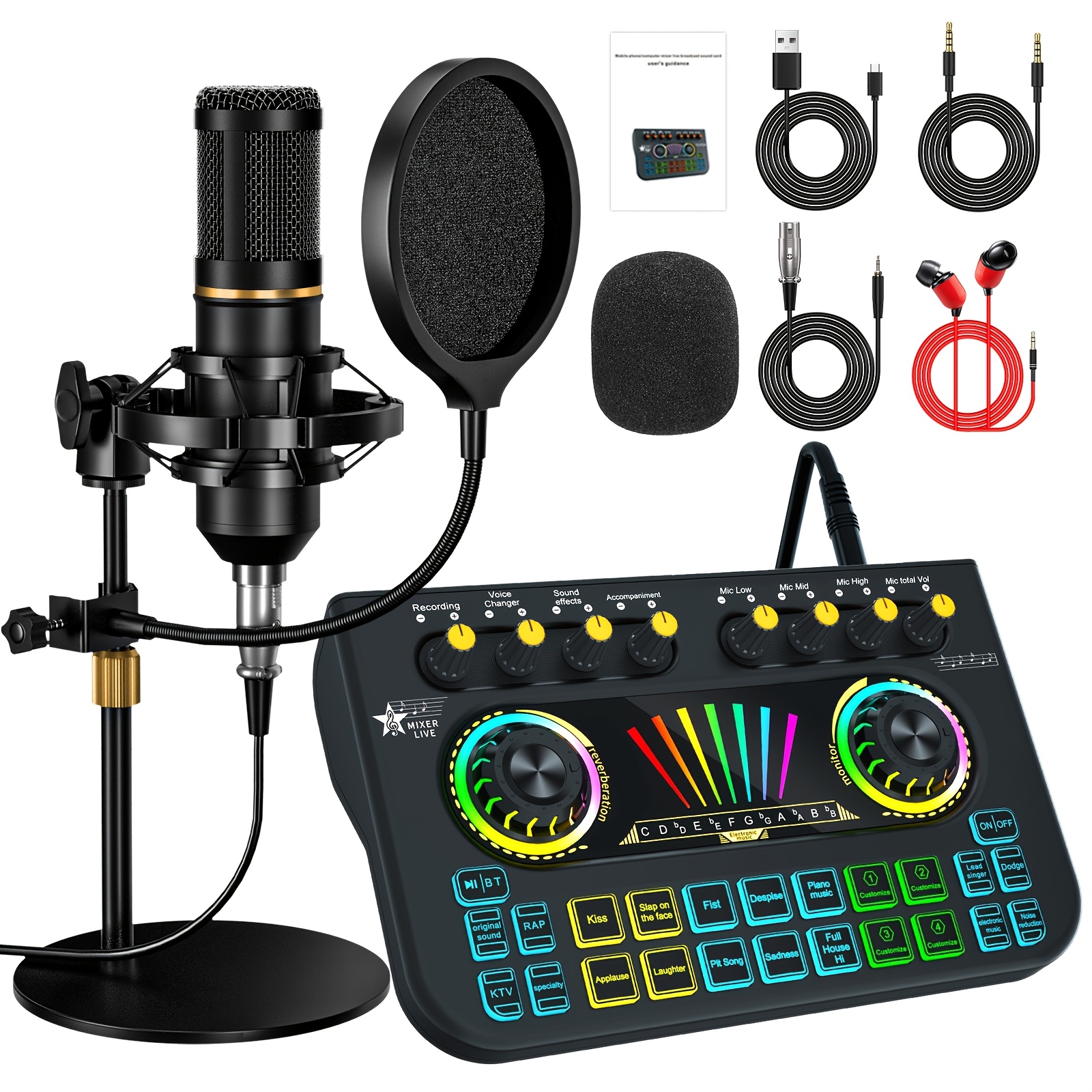 TEMU Professional Podcast Dj Equipment Bundle Kit Live Sound Card Audio Mixer For Console Recording Microfono Stand, Music Studio Full Setup Estudio