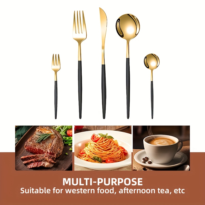 24 30pcs portuguese stainless steel cutlery set 6 person high end   polished tableware with steak knife salad fork dessert spoon dishwasher safe rust resistant suitable for   party recommended christmas gift black golden tableware set Product details 5