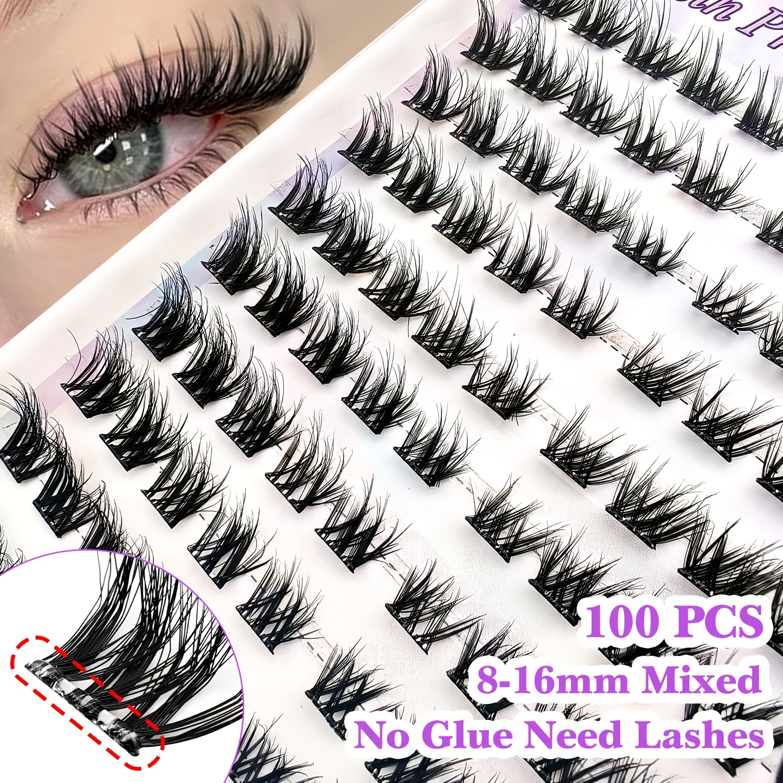 Image of 100 Clusters Self-adhesive False Eyelash Clusters Suitable For Occasions, Glue-free Suitable For Cosplay, Anime Lashes, -eye Lash Extensions With Clear Band, , Suitable For Travel