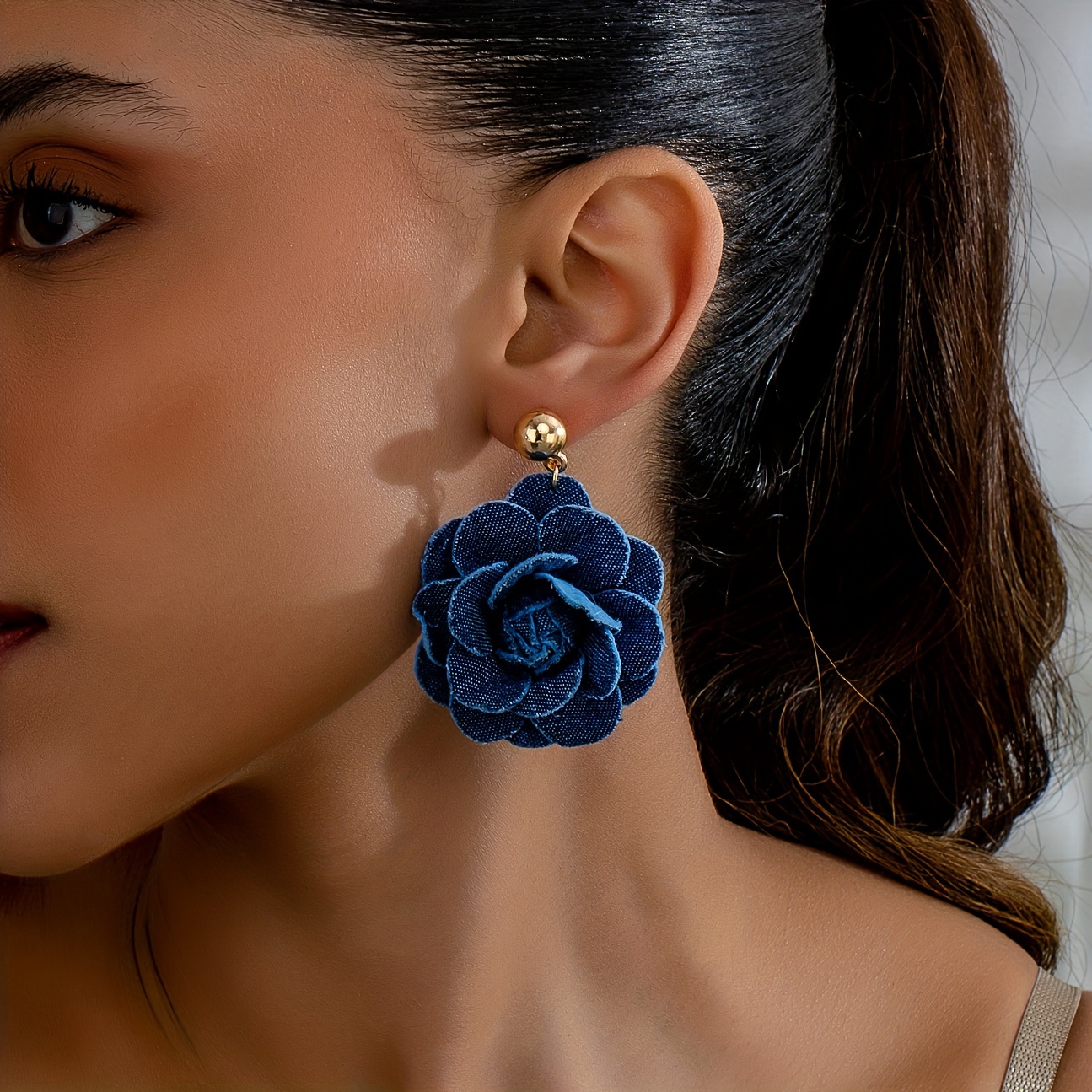 TEMU 1 Paire de Boucles d'Oreilles Femme Exagérées en Tissu Élégant Rose Denim à la
