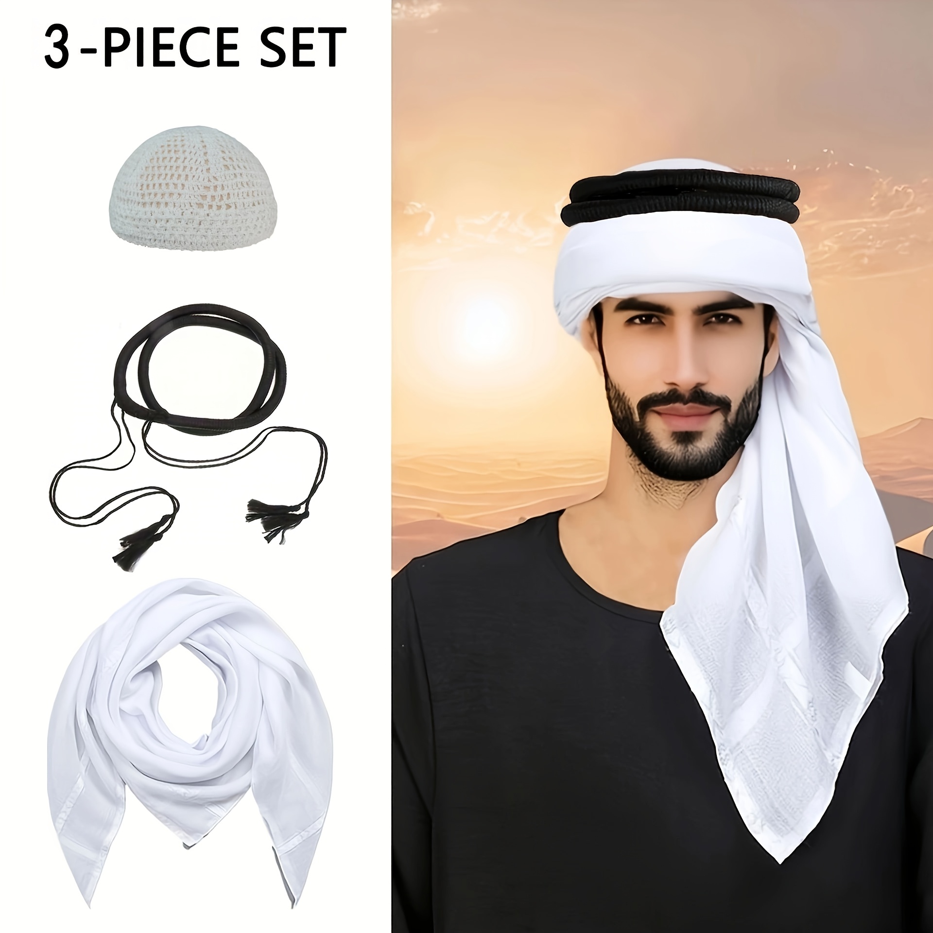 TEMU 3pcs Set Arab Headscarf Square Scarf With Tassel Head Circle And An Underscarf Bali Yarn White Headscarf Dubai Saudi Middle East Men's, Perfect