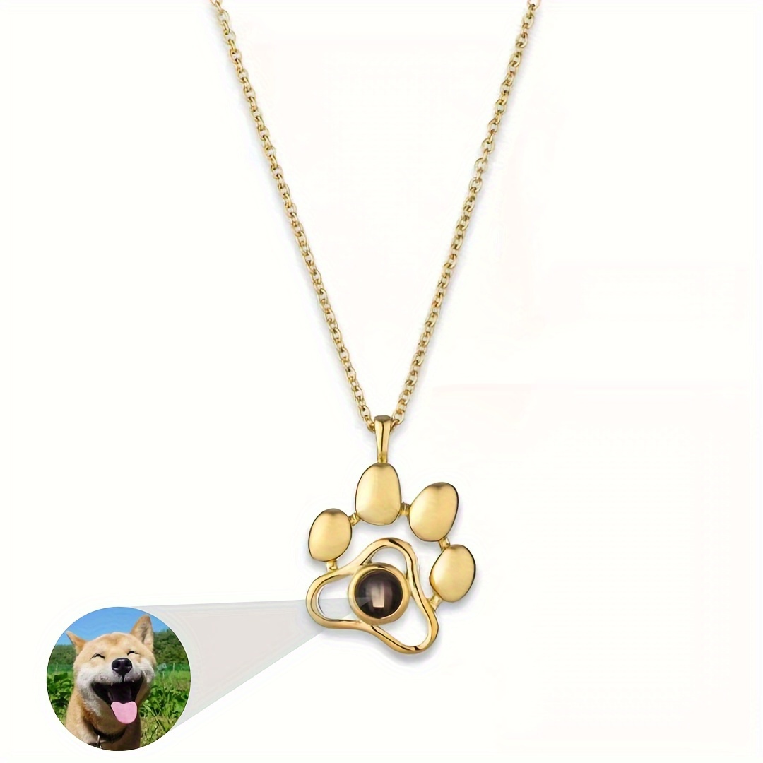 TEMU Personalized Pet Projection Picture Necklace, Customized Dog Paw Shape Pendant Stainless Steel Necklace, Memorial Lovely Versatile Daily Wear