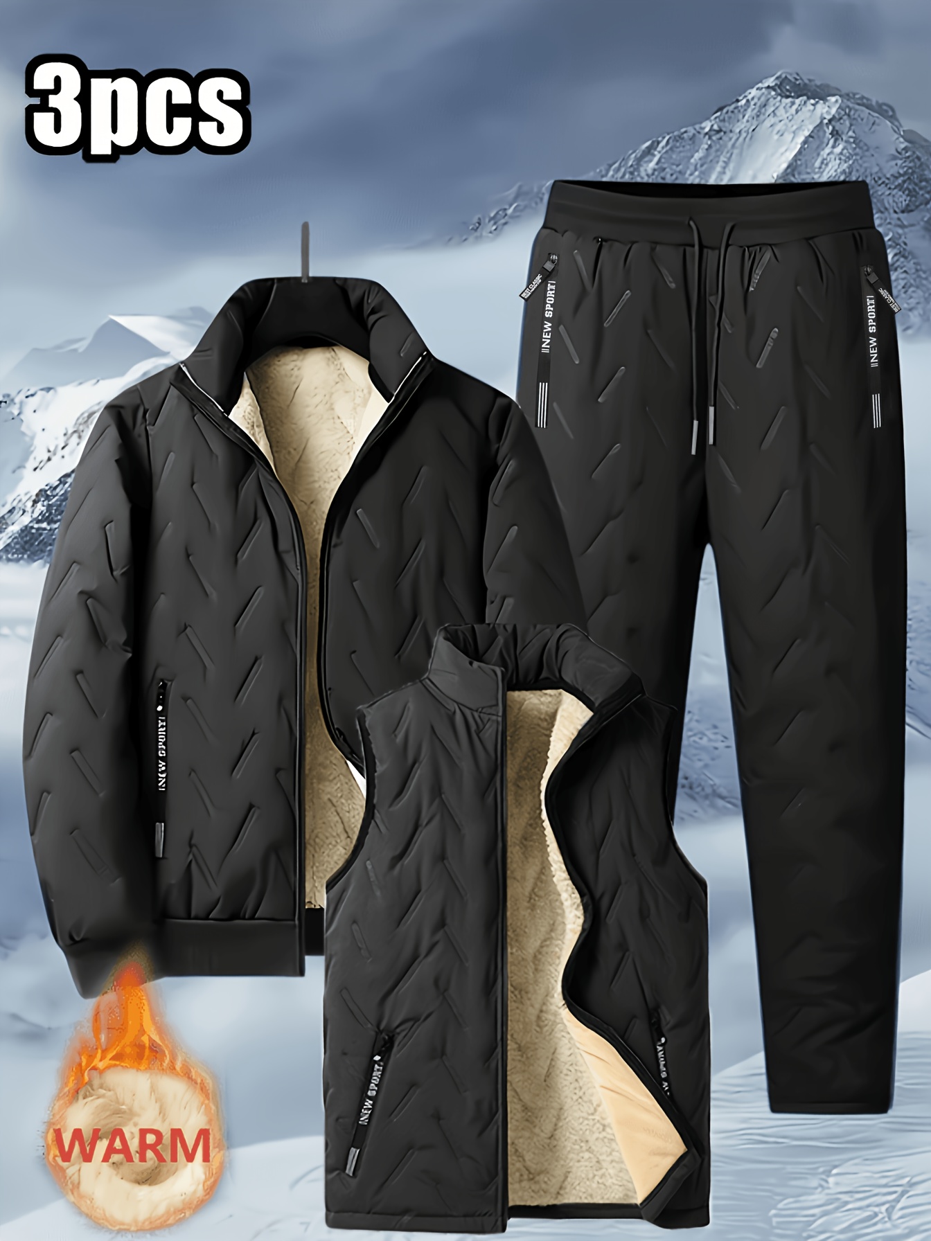 Men's Winter Fleece Thickened 3pcs Set, Jacket and Trousers