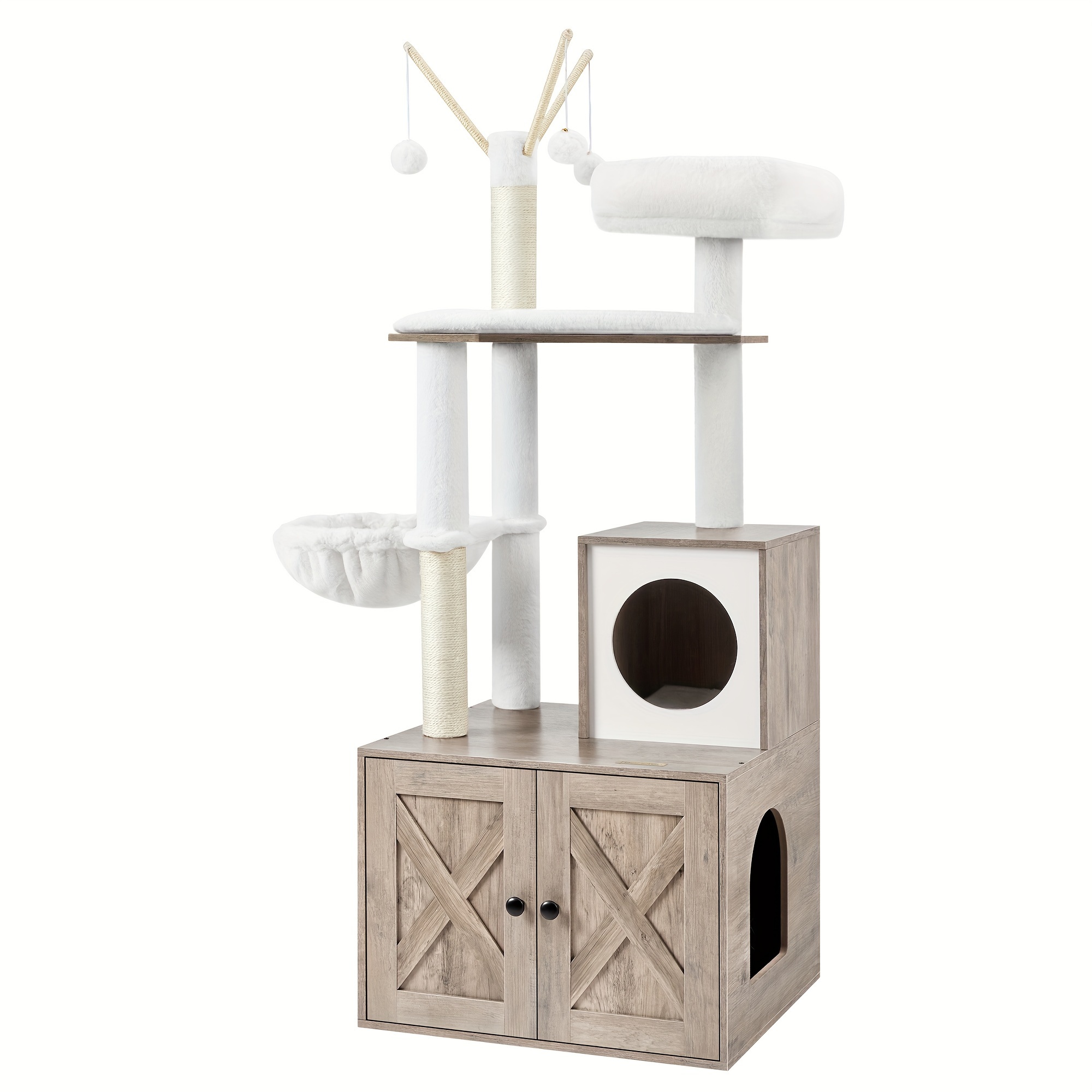 TEMU Arbre à chat WoodyWonders avec meuble bac à litière et enceinte cachée, condo pour chat avec poteaux à gratter, moderne 2-en-1, bâtons à pompons