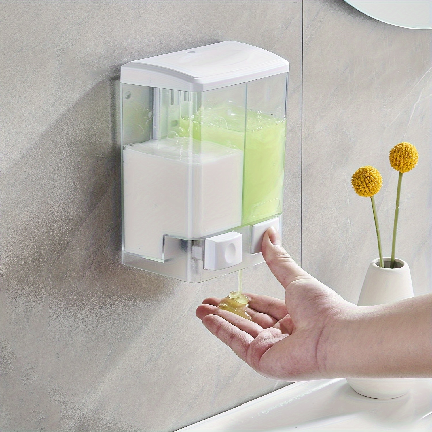 

1pc Wall-mounted Double Soap Dispenser, Plastic, Manual Press, Liquid Soap Container For Bathroom & Hotel Use