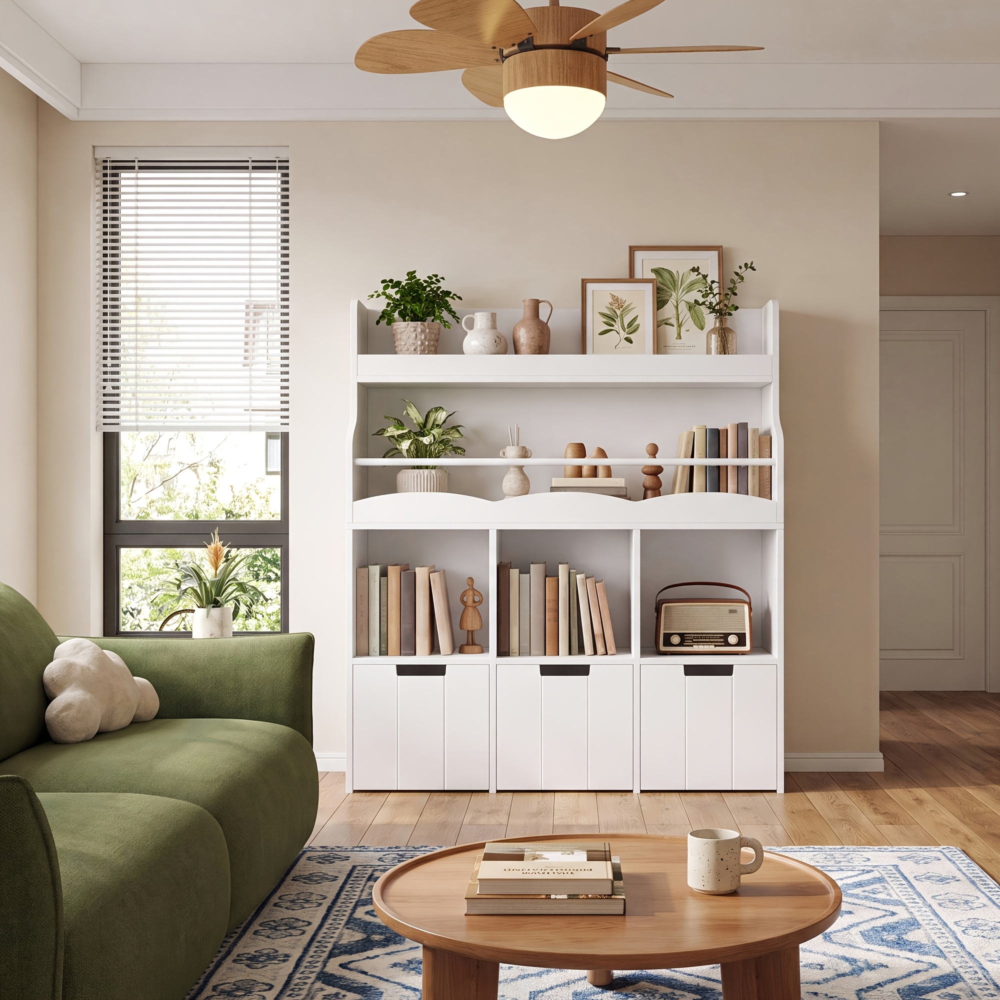 Image of Kealive 110cm Bookshelf With 4 Rolling Drawers, 4-tier Book Display Cabinet With Storage, Mobile Bookcase For Living Room Bedroom Home Office