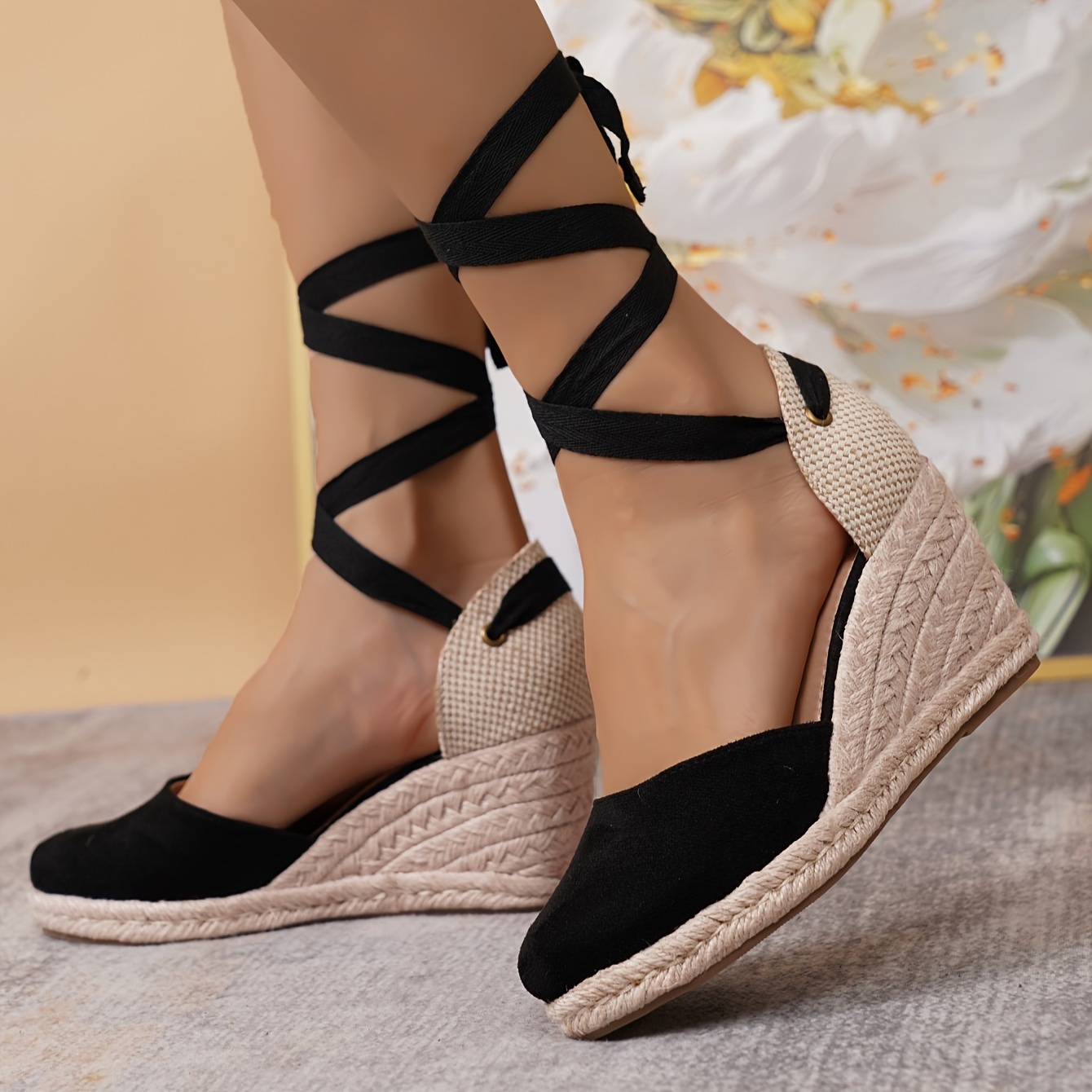 

Women's Solid Color Elegant Sandals, Crisscross Lace Up Platform Closed Toe Shoes, Comfort Espadrilles Wedge Shoes