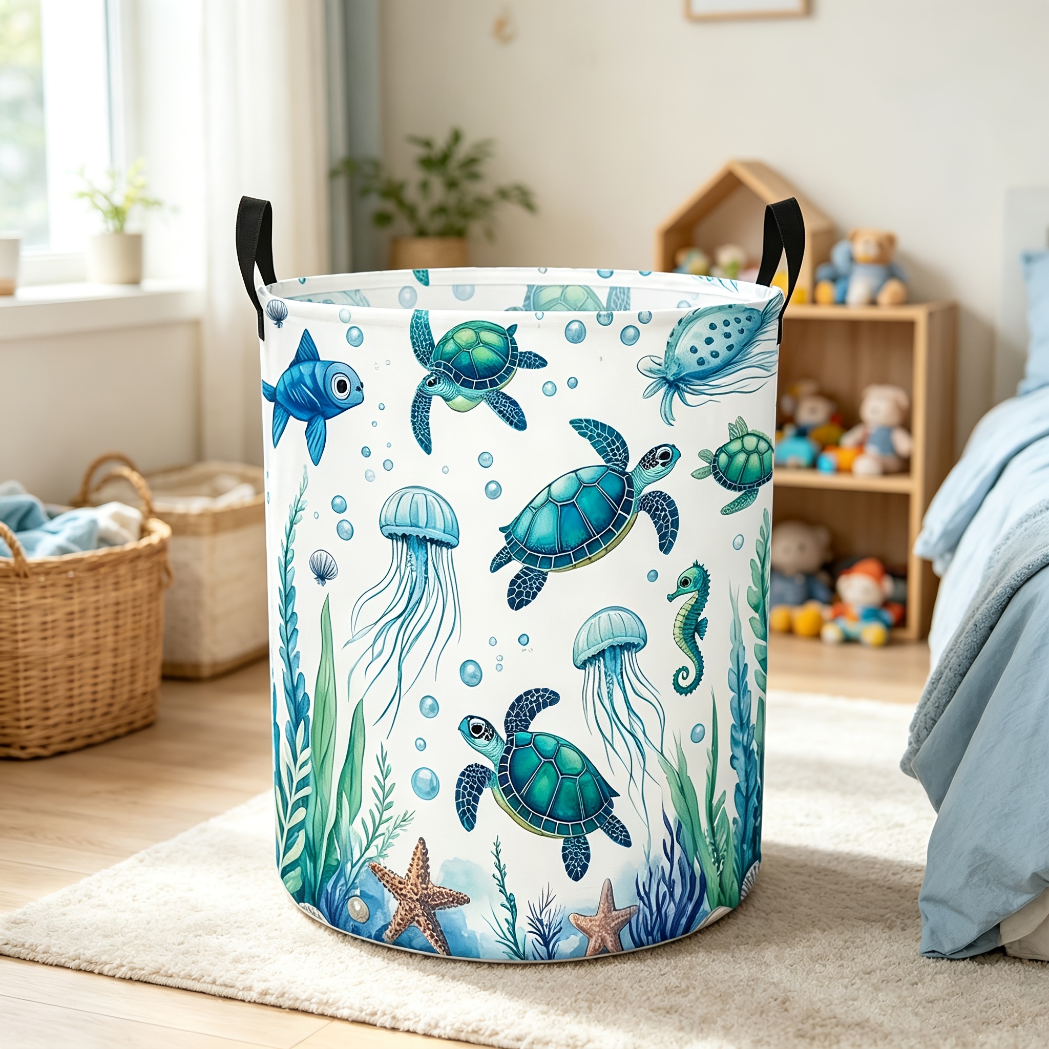 TEMU Panier à linge 1 pièce sur le thème et tortues de mer de l'océan bleu, panier à linge sale avec poignées robustes, panier de rangement rond