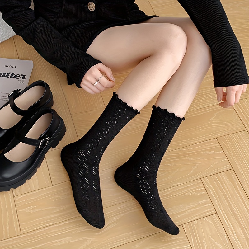 1/2/3 Pairs of Socks for Women, Japanese And Korean Style, Spring And Summer Solid Color Retro Hollow Breathable Mesh Socks for Women, Autumn Mid-Tube Pile Socks for Women, Lace Japanese Loose Socks Ins