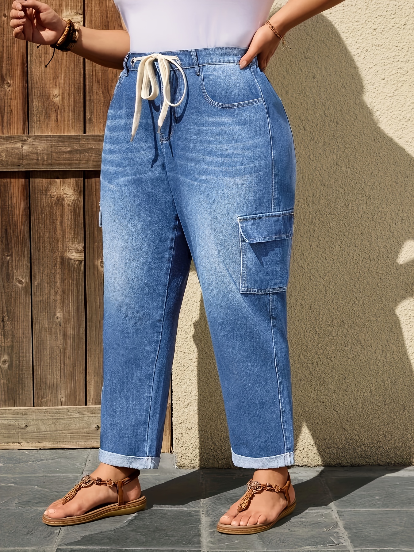 womens high waisted wide leg denim jeans with adjustable drawstring waist light blue casual loose fit non stretch fabric   spring summer fall high waisted jeans