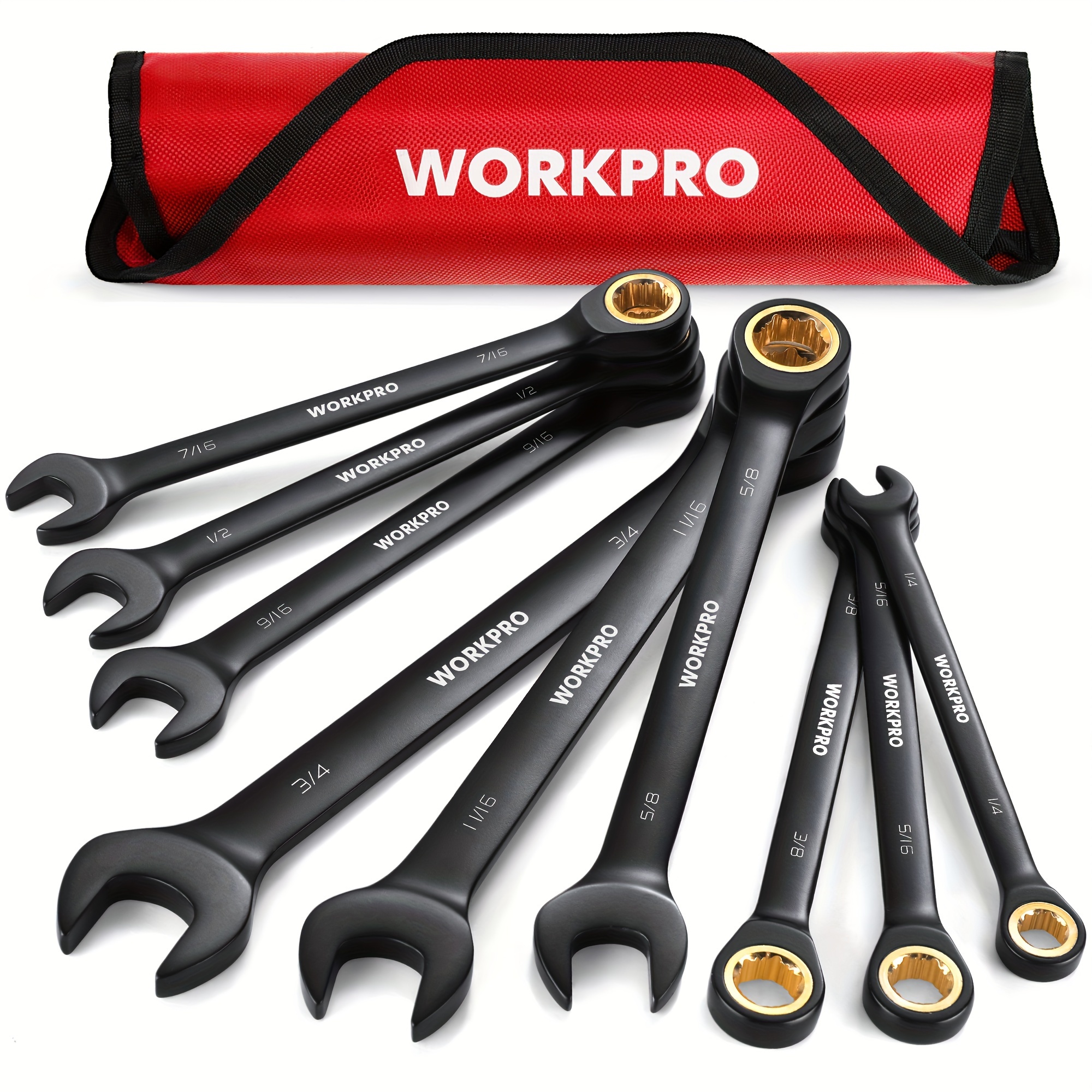 

Workpro 9-piece Anti-slip Ratcheting Wrench Set, Sae 1/4"-3/4", 72-tooth, Cr-v, Black Ratchet Combination Wrenches With Roll Up Pouch