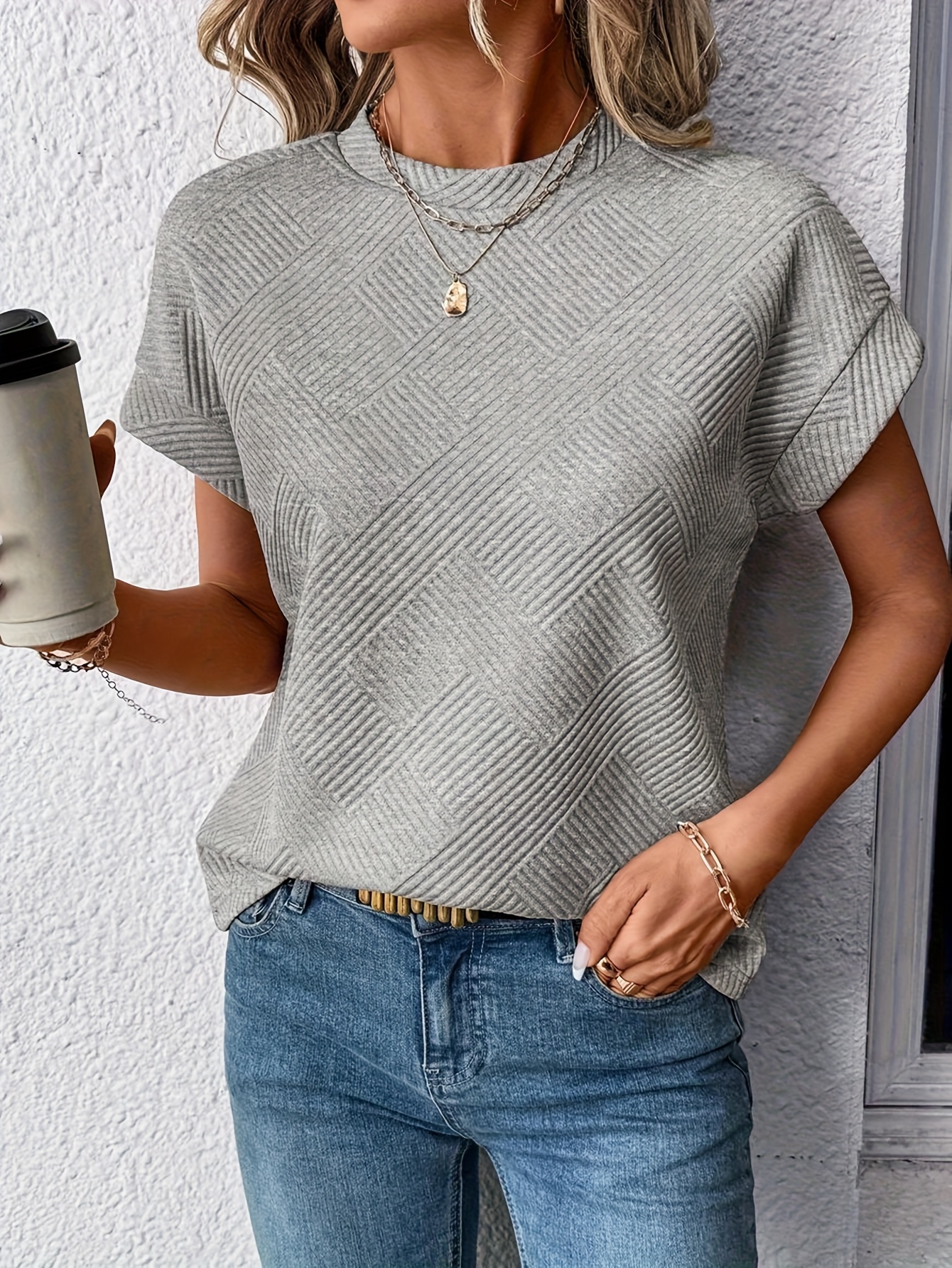 [Sporty Casual T-Shirt] New Fashionable Sporty Casual Women's Solid Color Jacquard Raglan Sleeve T-Shirt