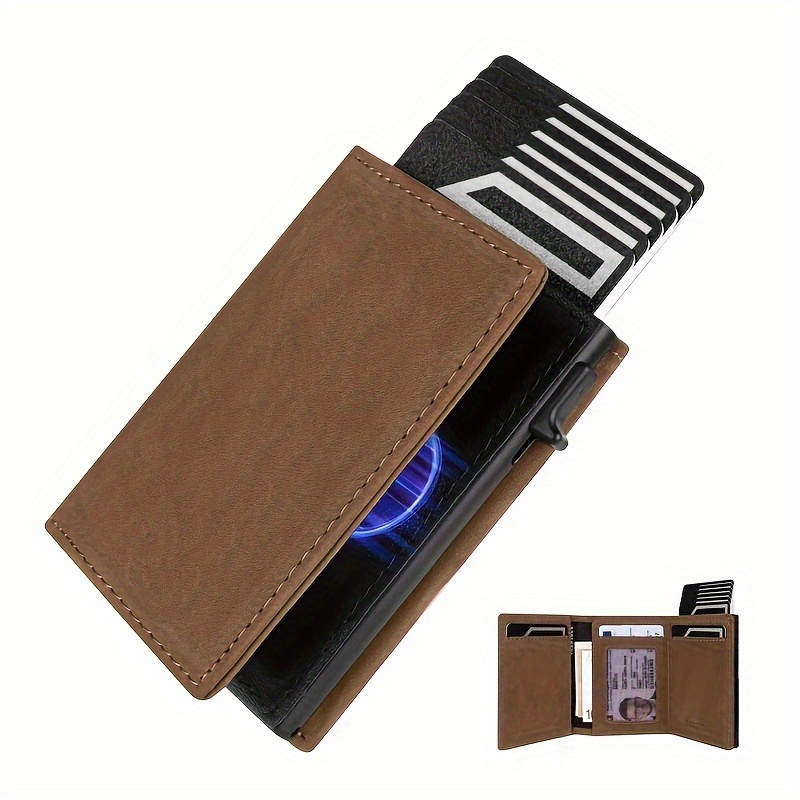 Image of Vintage Style Men's Brown Wallet With Rfid Blocking And Automatic Pop-up Card Holder, Compact Bifold