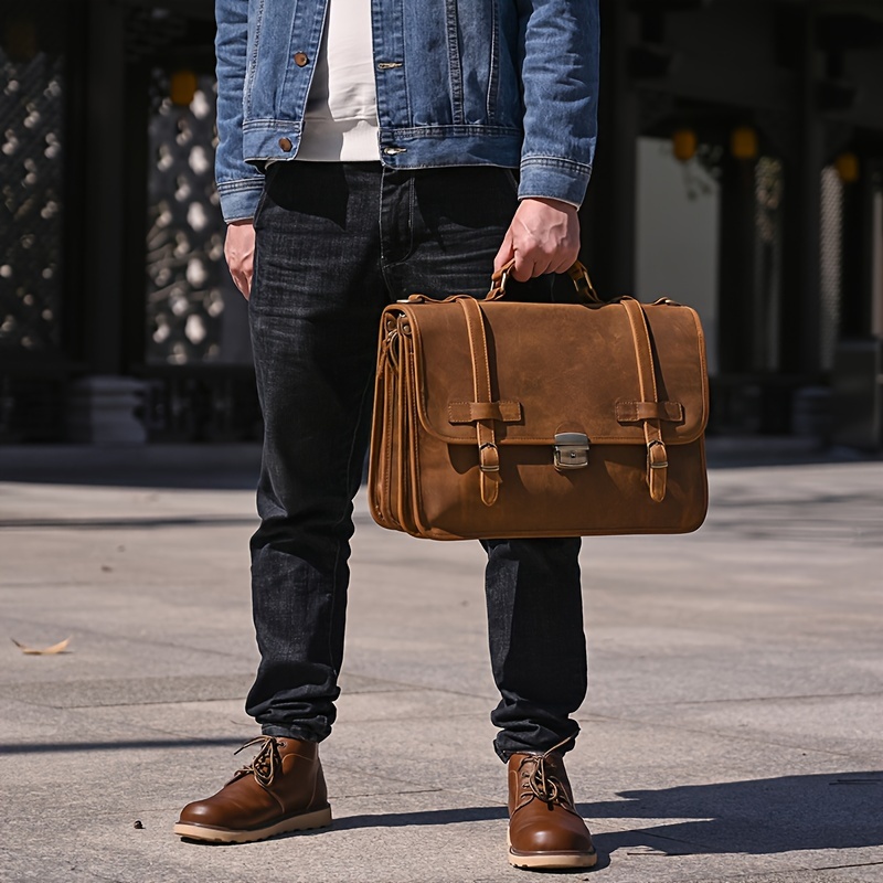 Vintage British Style Genuine Leather Briefcase, Business *'* Leather,  Handbag, Computer Bag, Commuting, Adjustable Shoulder Strap,