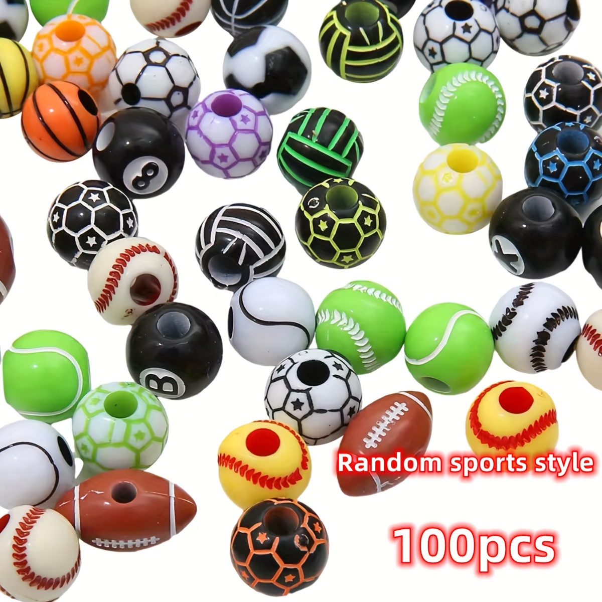 E-shop 100 Stück -Perlen Sortiment - Basketball, Fußball, Baseball, Anhänger mit Streifenmustern & Leuchtenden Farben für DIY Schmuckherstellung