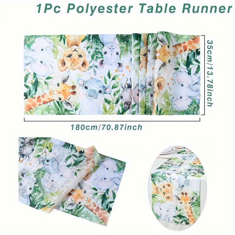 Animal Polyester Table Runner - 180x35cm, Machine Made Tablecloth For Birthday Parties And Celebrations, Forest Theme Table Decoration With Giraffe, Elephant And Other Animal Prints