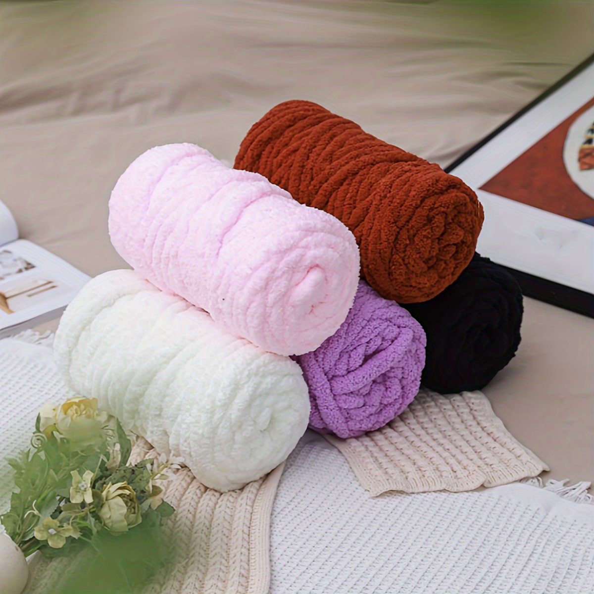 

Luxurious Chenille Chunky Yarn - 500g, No-pill, Machine Washable For Diy Blankets, Crochet Projects & Crafts - In Ivory, Orange, Charcoal, , Cream, Black