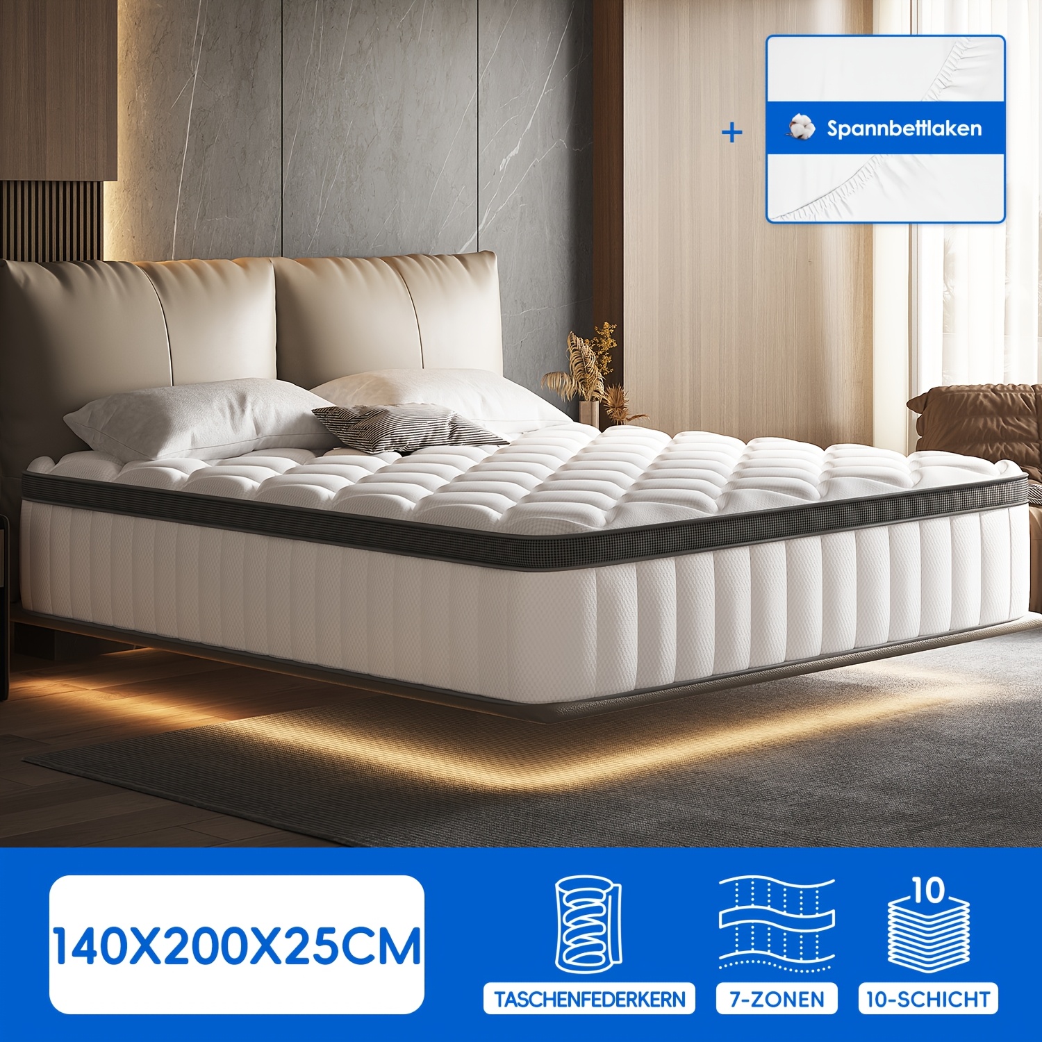TEMU Gronfont Mattress 80x200/90x190/90x200cm, 100x200/120x200cm, 140x190/140x200cm, 160x200/180x200cm, Mattress, Premium Mattress, Ergonomic 7-zone