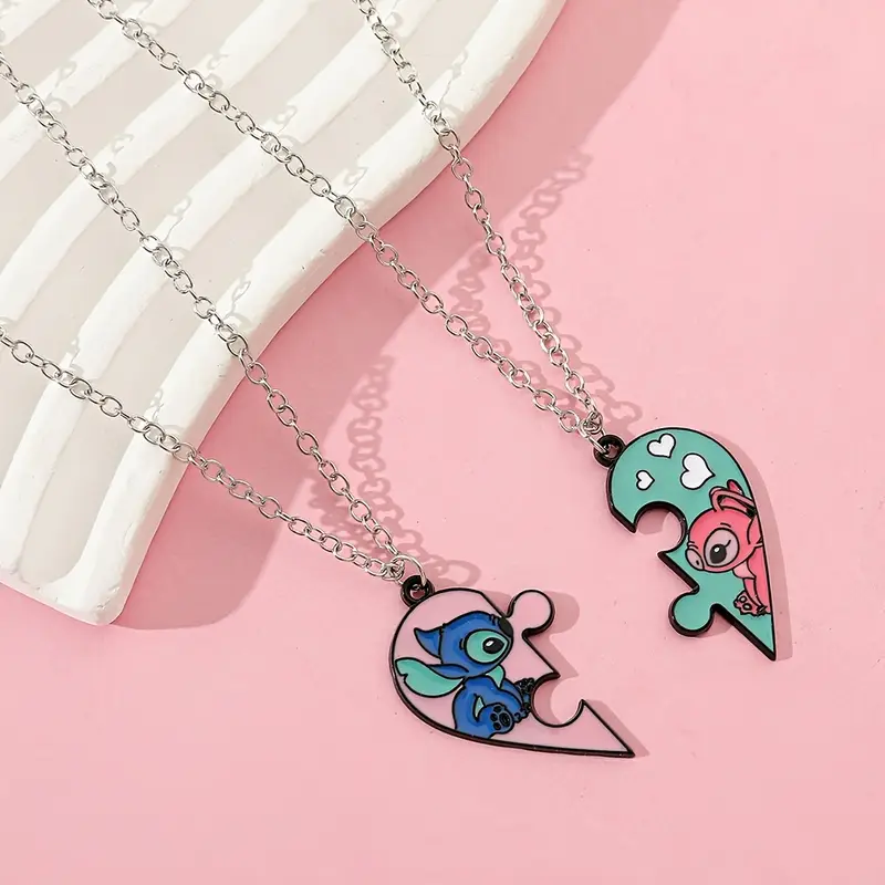 1 par de collares con pendientes de rompecabezas de de para mujeres - lindo joyería de aleación de con dibujos animados, rosa y , regalo para , fiestas y uso casual detalles 2