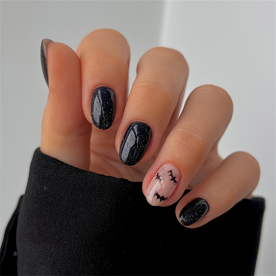 24pcs Short Almond Shaped Fake Nails, Glossy Surface With Powder And Bat Graffiti Design, Suitable For Women And Fake Nail Art Diy, Complimentary Jelly Glue 1 Nail