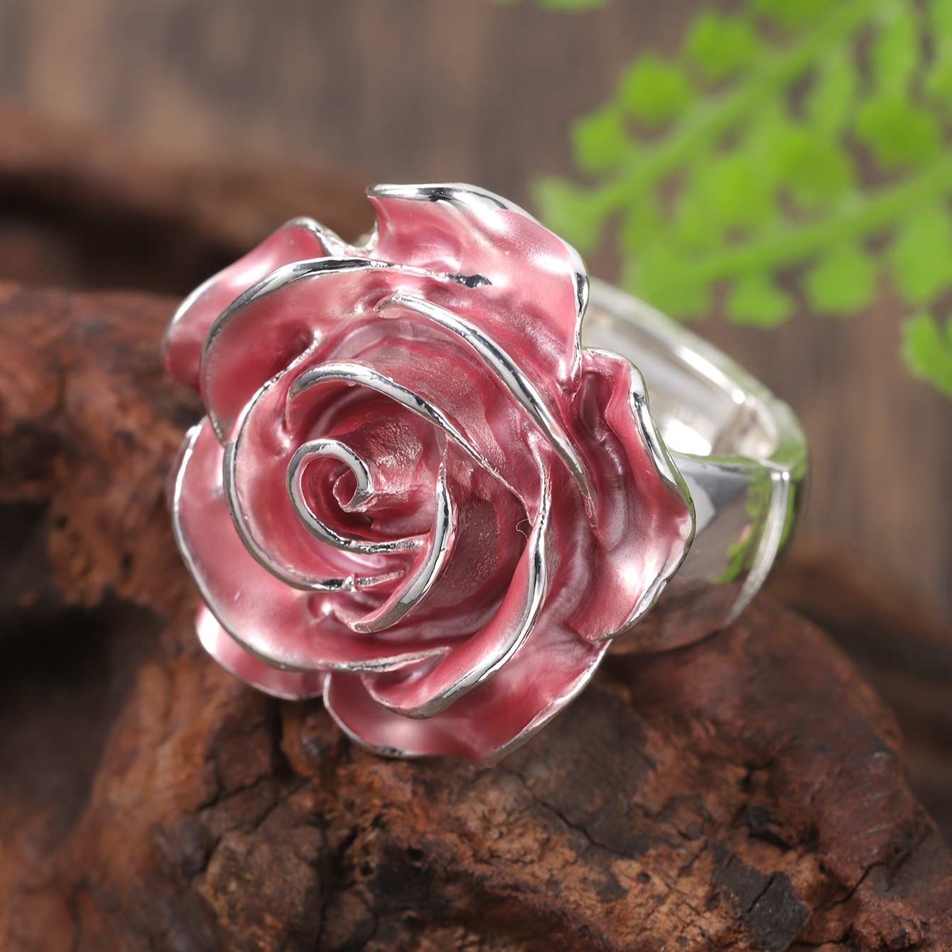 E-shop Modischer Bohemian Emaille Eleganter Rosa Rosenblumen Elastischer Verstellbarer Ring für Frauen, Zinklegierung mit Dünner Beschichtung,