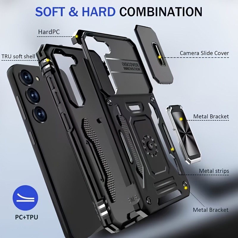 Husă de telefon: pentru for Samsung S26 S25 S24 S23 S22 S21 S20 Ultra A 42 A22 A 12 A32 A33 A51 A52 A72 A71 A73 A53 A14 A 13 A34 A54 A23 cu capac glisant pentru cameră, inel rotativ încorporat și suport rabatabil [Protecție completă a camerei] Husă de protecție