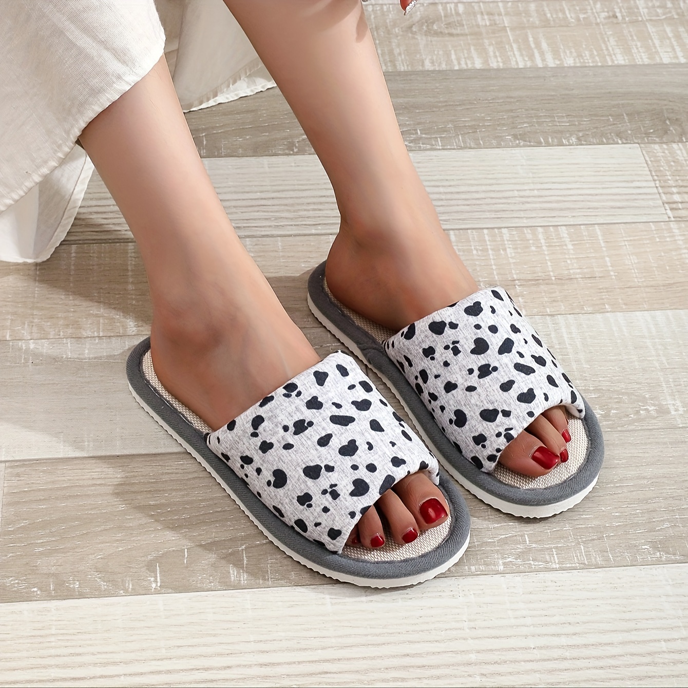 

Cow Print Linen Slippers, Breathable Open Toe Soft Sole Flat Shoes, Lightweight Indoor Floor Slippers