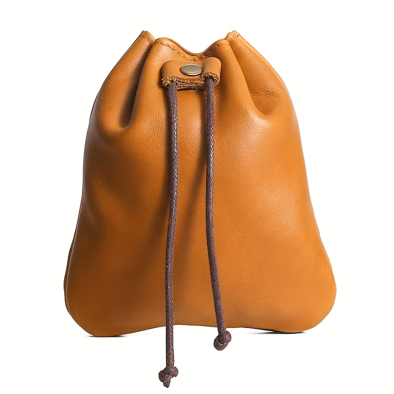 TEMU Vintage Genuine Leather Drawstring Pouch, Cowhide Coin Purse, Earphone Storage Bag, Miscellaneous Item Pouch