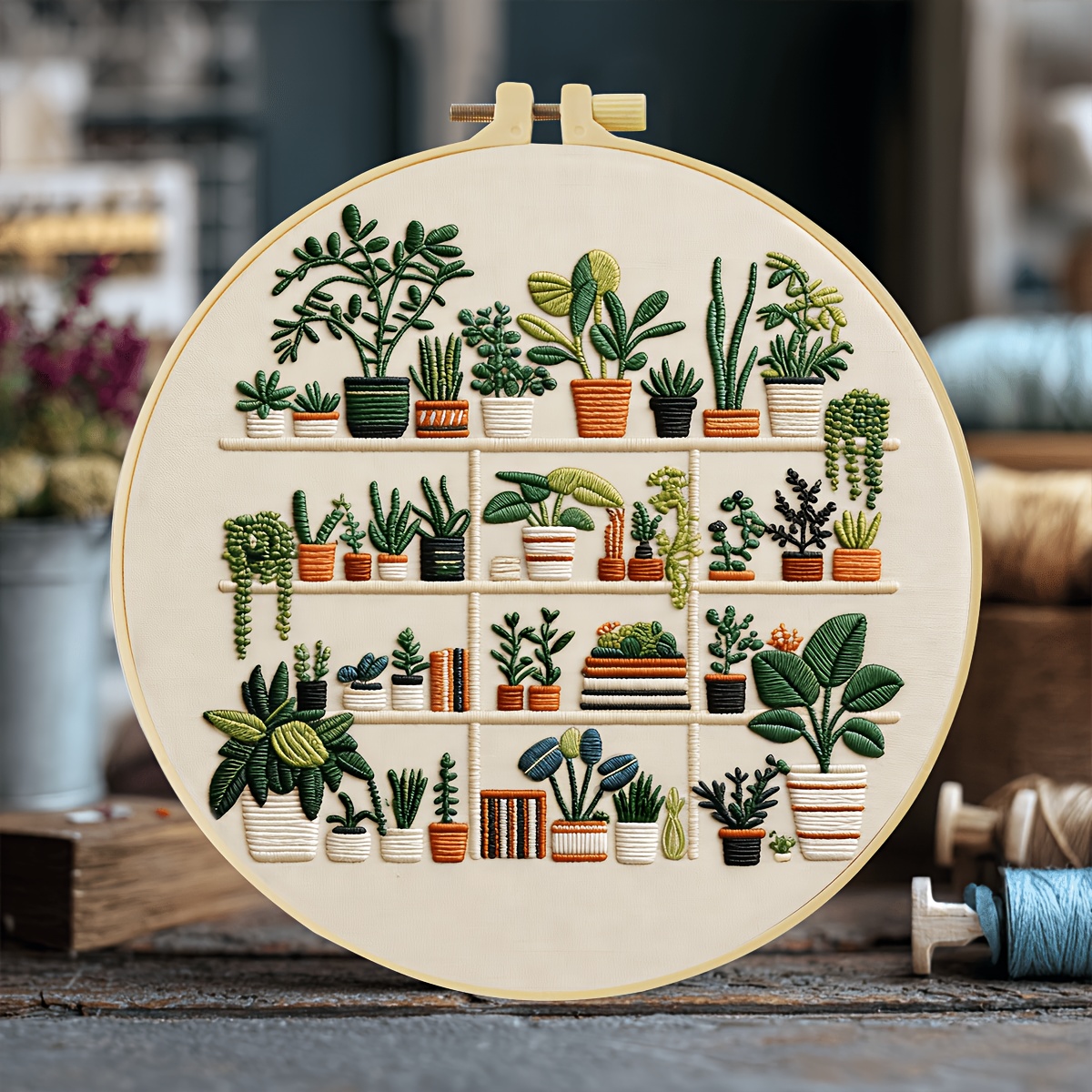 TEMU 1pc Embroidery Kit, 20x20cm/7.9x7.9inch, The Plants On The Shelf, Handmade Diy Embroidery Kit, Suitable For Diy Embroidery Lovers For Adult