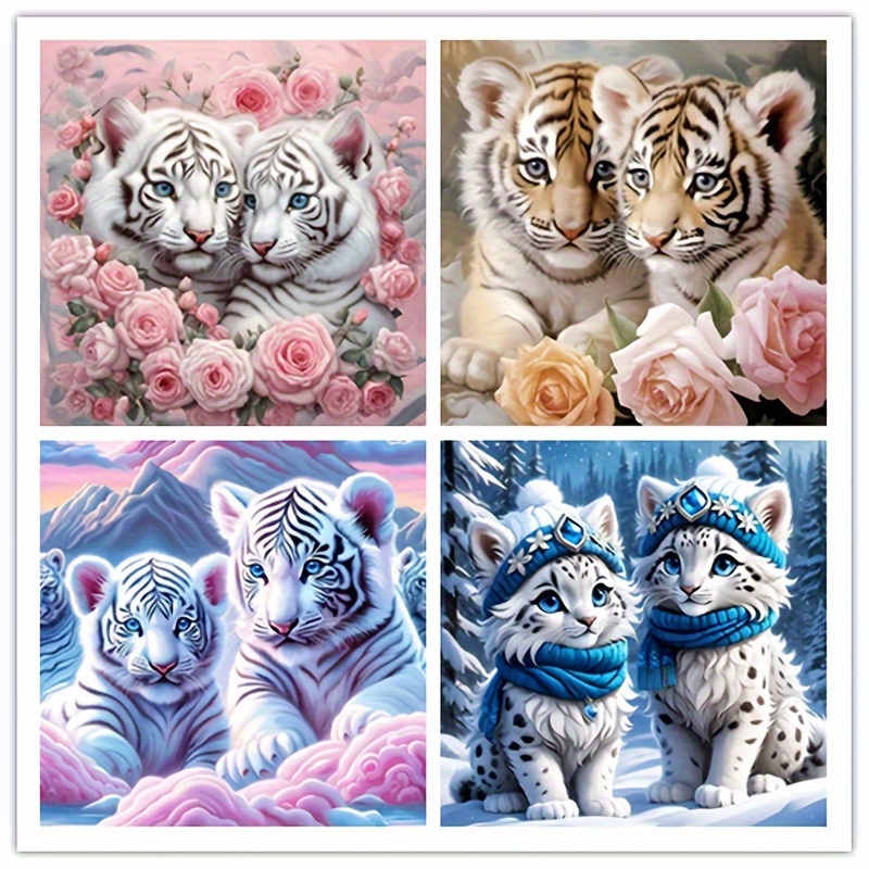

4pcs Tiger Diamond Painting Kit - 5d Diy Round Canvas Art Set, Mosaic Craft For Home & Wall Decor, Perfect Birthday Gift