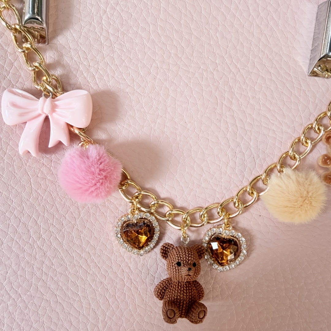 Cute Teddy Bear Long Chain Bag Charm With Pom-pom Bow And Rhinestone Heart Pendant