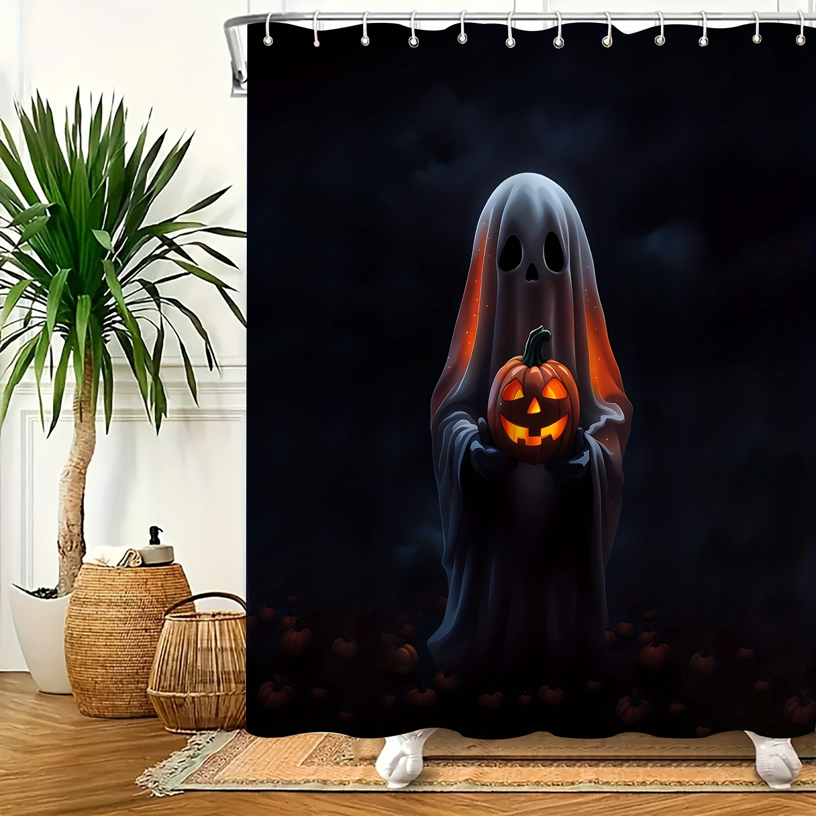 

1pc Ghost Pumpkin Pattern Shower Curtain, Waterproof Polyester Fabric, Shower Curtains For Walk-in Showers, Includes 12 Hooks, 180x180cm/70.87x70.87in